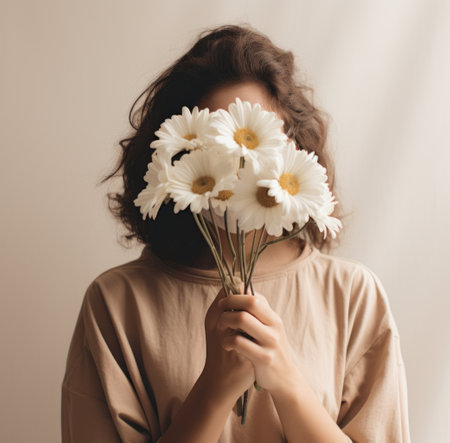 woman with a flower covering her faceの素材