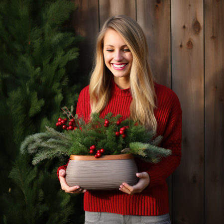 woman wearing red sweater holding wooden planter,の素材