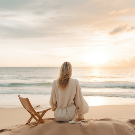 woman on beach sitting at sunrise,の素材