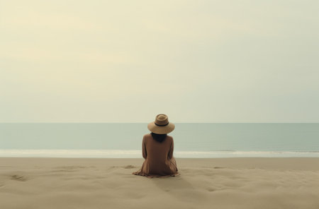 woman in hat sitting on beach in front of the seaの素材