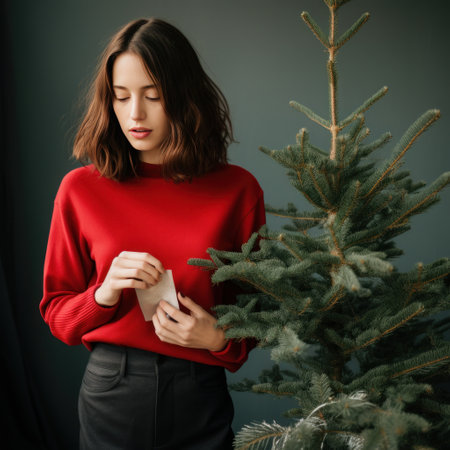 woman with red sweater holding christmas tree,の素材