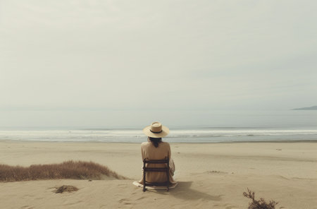 woman in hat sitting on beach in front of the seaの素材