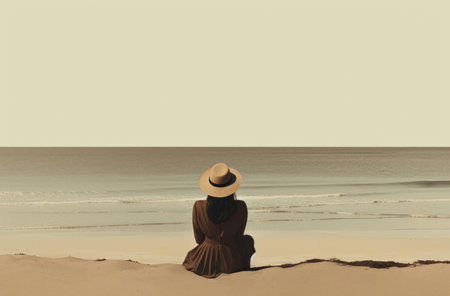 woman in hat sitting on beach in front of the seaの素材