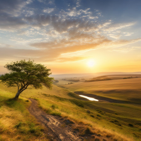 A peaceful countryside with a golden sunset, a lone tree.の素材