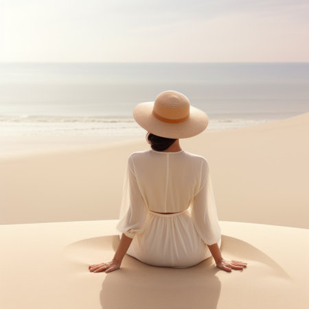 woman wearing white and hat sitting on a sandy beach,の素材