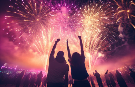 young people at the music festival with fireworks,の素材