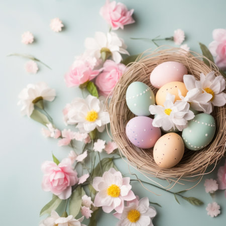 A festive Easter background with pastel colored eggs and flowers arranged in a basket.の素材
