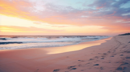 calm beach with gentle waves, soft sand, and a colorful sunset over the horizon.の素材