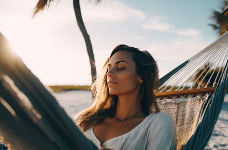 woman sitting in hammock on the beach with her eyes closedの素材
