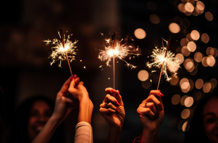 women who are holding sparklers near the sky,の素材
