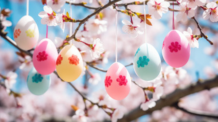 A stunning photo of a blooming cherry blossom tree with colorful Easter eggs hanging from its branches.の素材