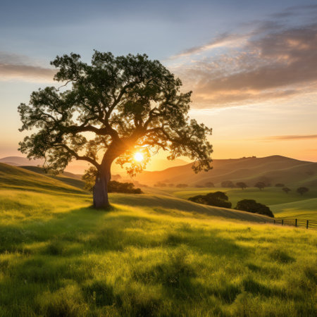 A peaceful countryside with a golden sunset, a lone tree.の素材