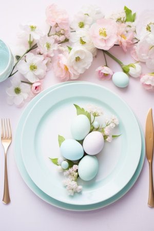 A beautifully styled Easter table setting with a floral centerpiece.の素材