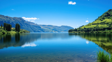 A serene lake surrounded by lush green mountains and a clear blue sky in the background.の素材