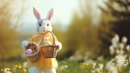 child dressed in an Easter bunny costume holding a basket of eggsの素材