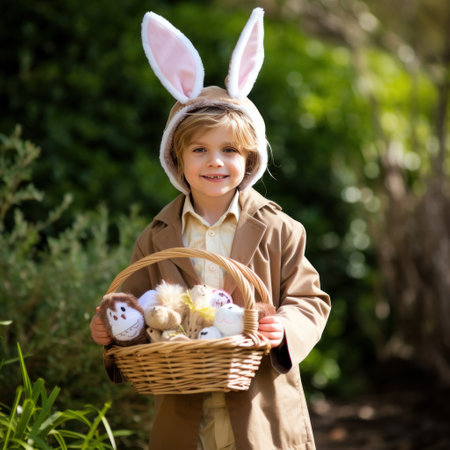 child dressed in an Easter bunny costume holding a basket of eggsの素材