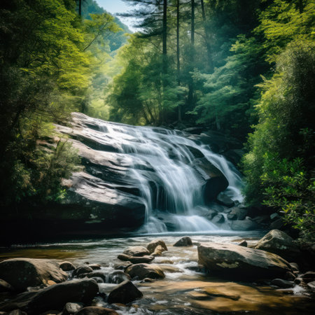 A soothing waterfall cascading down a rocky cliff with a lush forest in the background.の素材