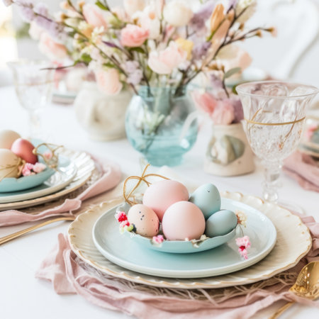 A beautifully styled Easter table setting with a floral centerpiece.の素材