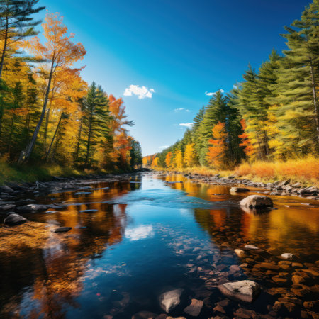 A calm river winding through a forest with vibrant fall foliage and a clear blue sky above.の素材