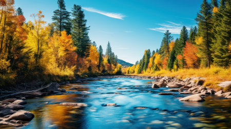 A calm river winding through a forest with vibrant fall foliage and a clear blue sky above.の素材