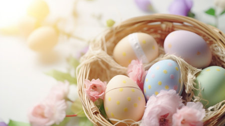 A festive Easter background with pastel colored eggs and flowers arranged in a basket.の素材