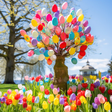 A picturesque outdoor scene featuring a decorated Easter egg tree and colorful tulips in bloom.の素材