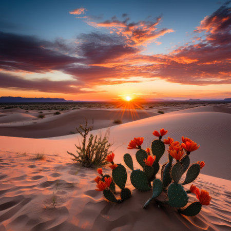 A peaceful desert landscape with sand dunes, a vivid orange sunset, and a few cacti in the foreground.の素材