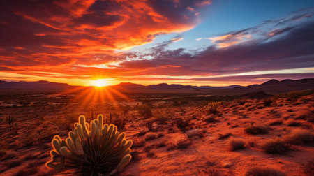 A peaceful desert landscape with sand dunes, a vivid orange sunset, and a few cacti in the foreground.の素材