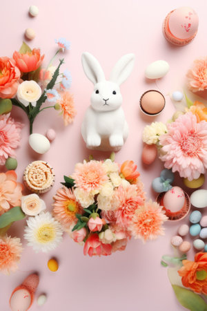 A creative flat lay photo featuring various Easter-themed objects.の素材