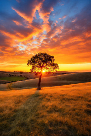 A peaceful countryside with a golden sunset, a lone tree.の素材