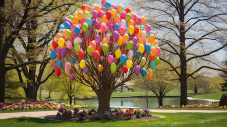 A picturesque outdoor scene featuring a decorated Easter egg tree and colorful tulips in bloom.の素材