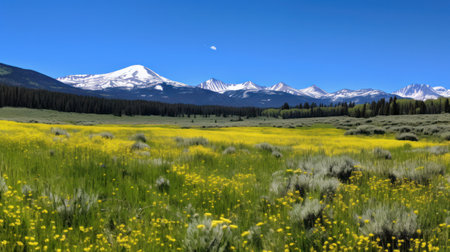 A quiet meadow filled with wildflowers, a clear blue sky, and a distant mountain range.の素材
