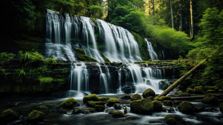 A soothing waterfall cascading down a rocky cliff with a lush forest in the background.の素材