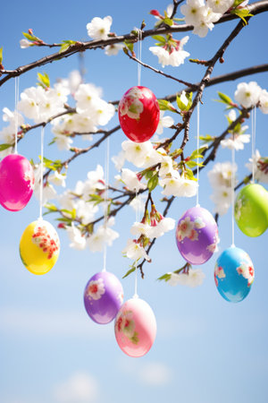 A stunning photo of a blooming cherry blossom tree with colorful Easter eggs hanging from its branches.の素材