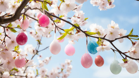 A stunning photo of a blooming cherry blossom tree with colorful Easter eggs hanging from its branches.の素材