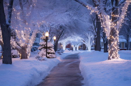 a christmas decorated street lined with christmas lights,の素材