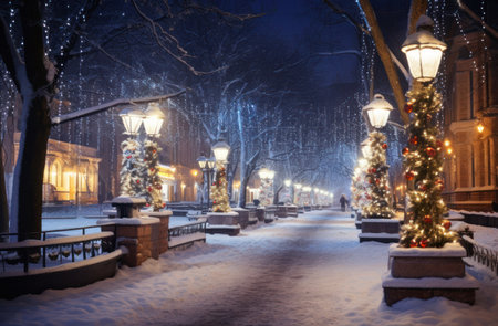 a christmas decorated street lined with christmas lights,の素材