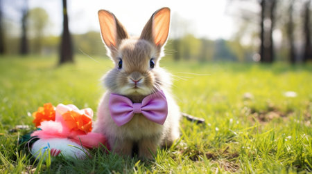 cute bunny with a pink bow sitting in a grassy field with colorful Easter eggs in the backgroundの素材
