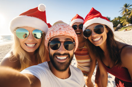 a group of people taking a selfie in santa hats,の素材