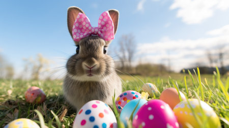 cute bunny with a pink bow sitting in a grassy field with colorful Easter eggs in the backgroundの素材