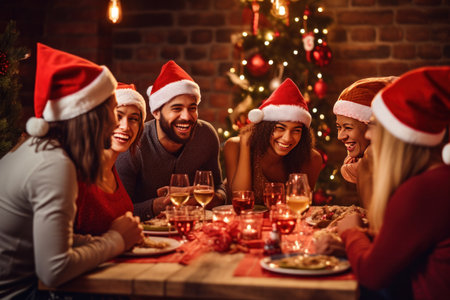 a group of older people wearing santa hats and smilingの素材