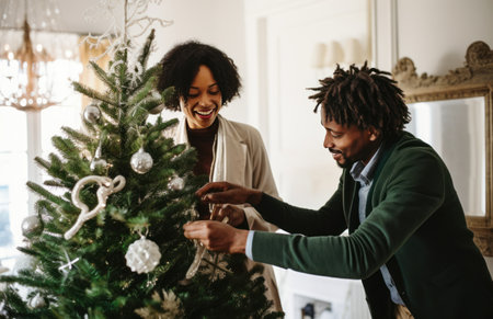 a man and woman decorate the christmas tree,の素材