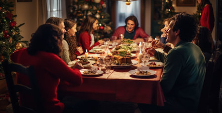 a group of people are sitting down around the table to eat during Christmas,の素材