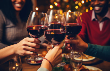 a group of people toasting christmas wine at a table,の素材