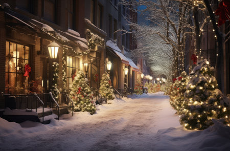 a lit up alley with christmas trees and decorations,の素材