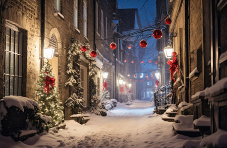 a lit up alley with christmas trees and decorations,の素材