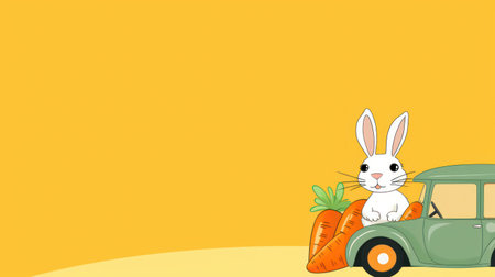 A cute and quirky illustration of a bunny driving a carrot carの素材