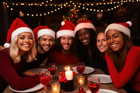a group of older people wearing santa hats and smilingの素材