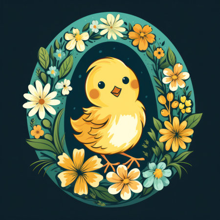 A whimsical illustration of a chick in a yellow Easter egg surroundedの素材