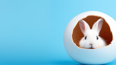 A playful image of a white bunny peeking out of a colorful Easter eggの素材